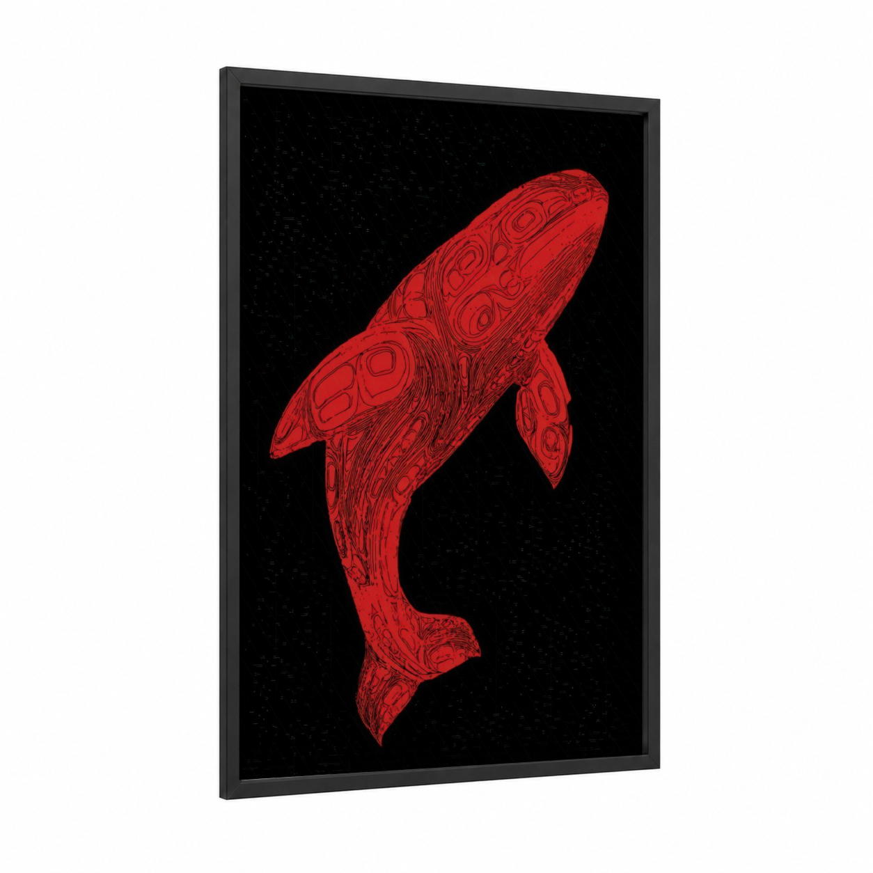 Crimson Beluga Whale framed art print — black wood frame — red and black palette