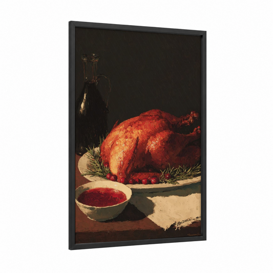 Roasted Poultry framed art print — black wood frame — red and gold palette