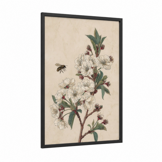 Spring Blossoms Bee framed art print — black wood frame — cream and sage green palette