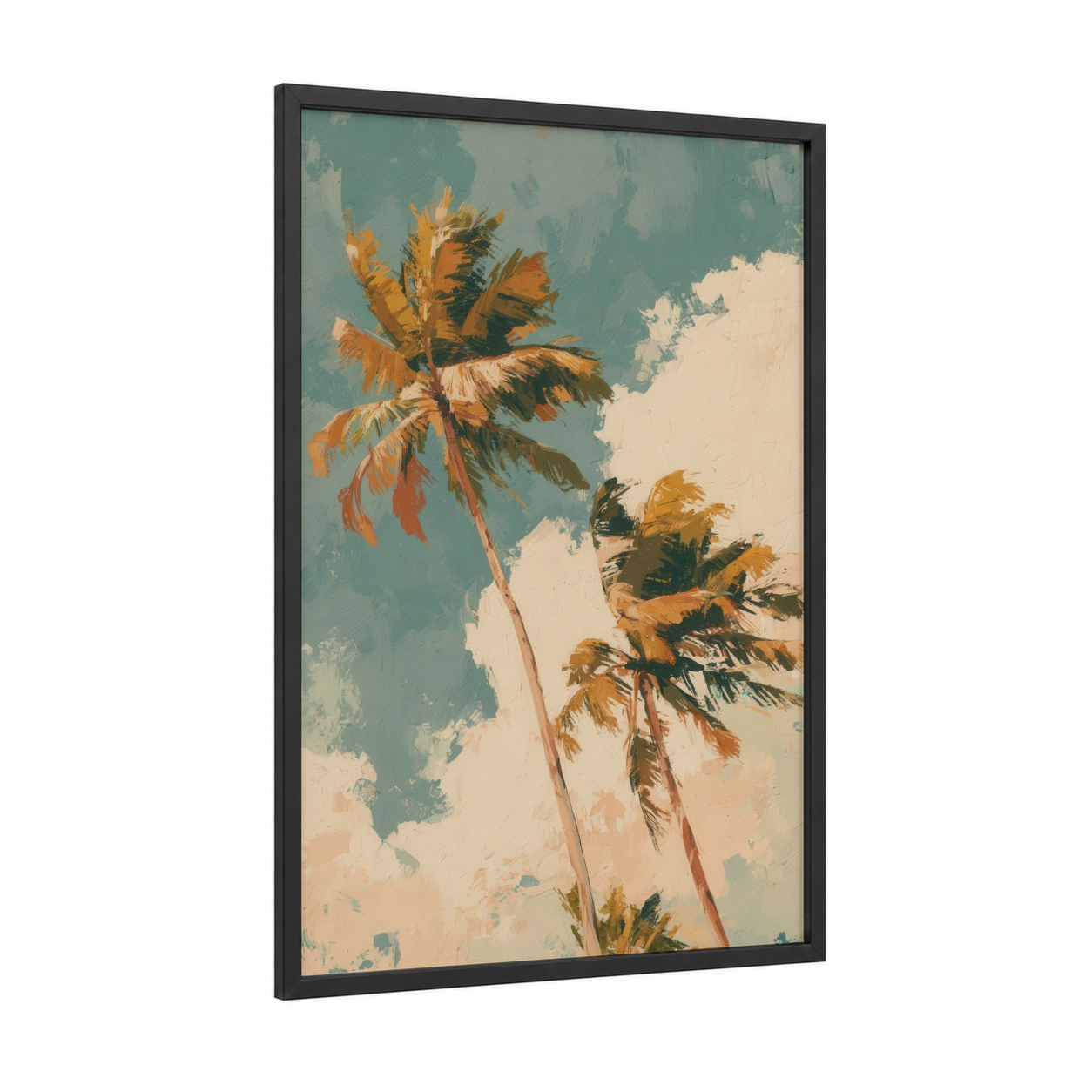 Tropical Palms Sky framed palm forest print — black wood frame — teal and gold palette