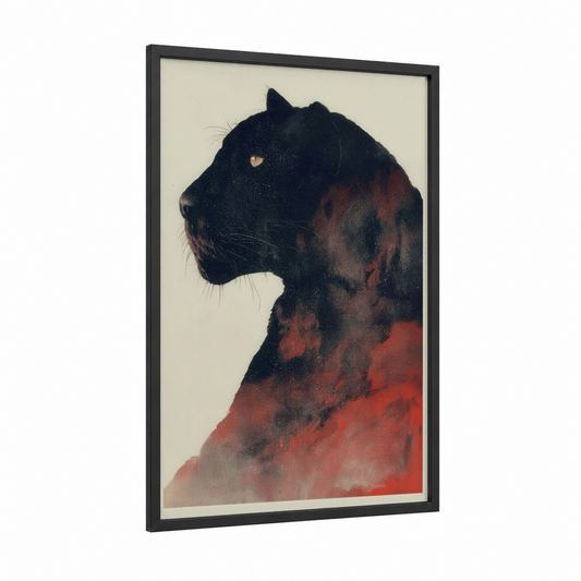 Crimson Jaguar framed art print — black wood frame — black and red palette