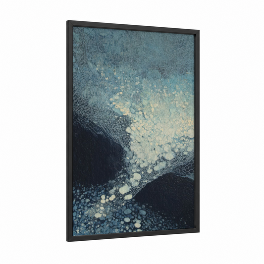 Tranquil Catch framed fishing print — black wood frame — blue and gold and white palette