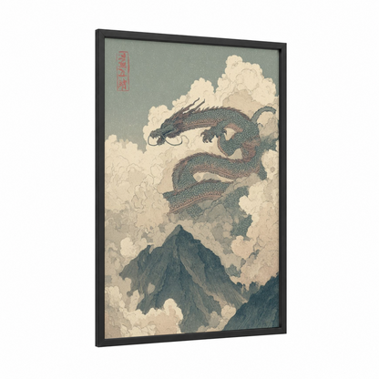 Celestial Dragon framed art print — black wood frame — sage green and cream palette