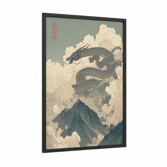 Celestial Dragon framed art print — black wood frame — sage green and cream palette