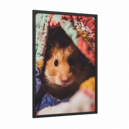 Cozy Hamster Peek framed art print — black wood frame — gold and peach palette
