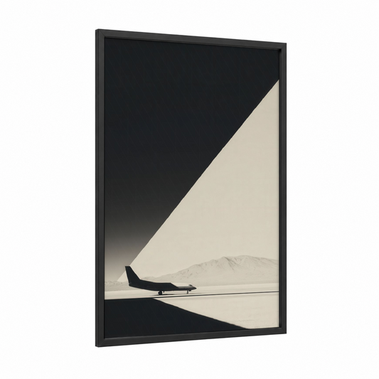 Desert Jet Silhouette framed private jet print — black wood frame — black and cream palette