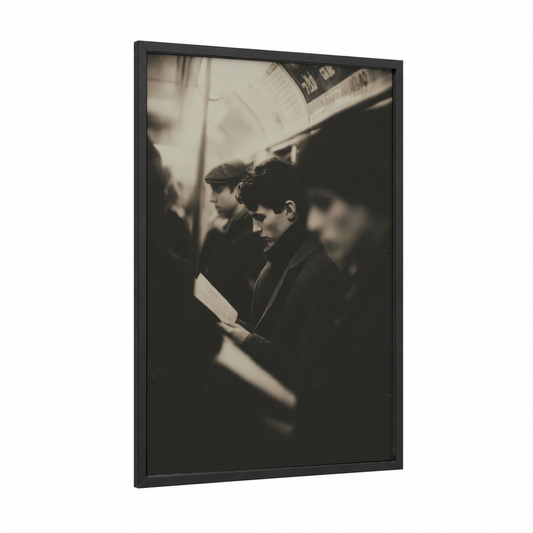 Underground Commute framed subway print — black wood frame — black and white palette