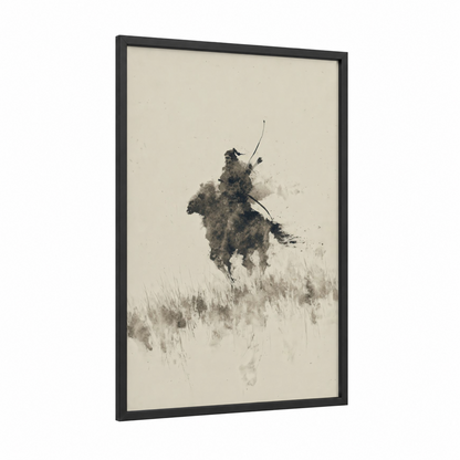 Mounted Archer framed horseback print — black wood frame — black and white and gray palette