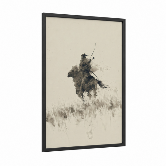 Mounted Archer framed horseback print — black wood frame — black and white and gray palette