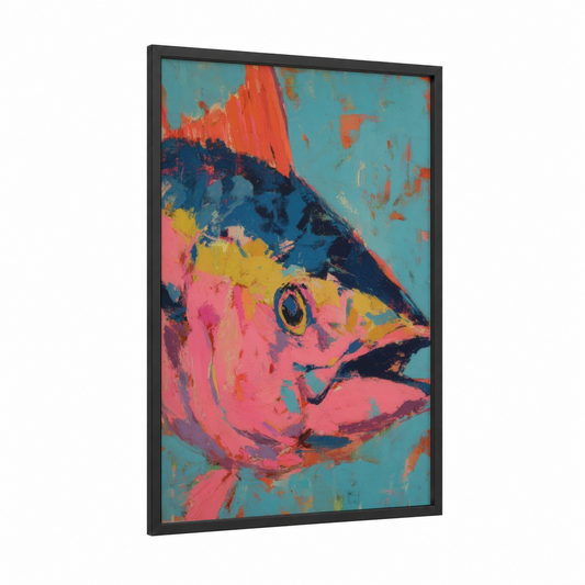 Vibrant Tuna framed art print — black wood frame — pink and blue palette