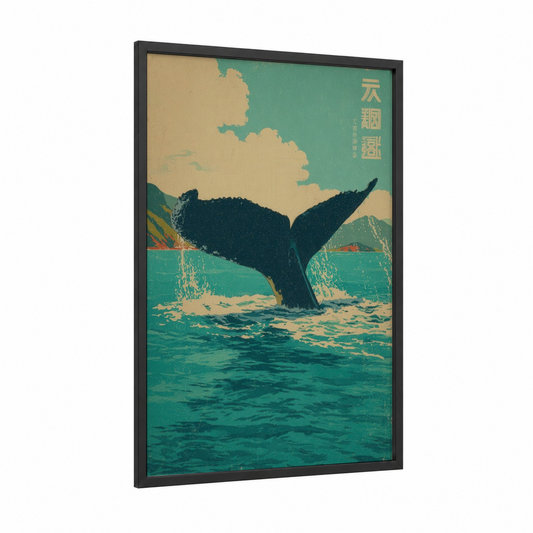 Diving Humpback Whale framed art print — black wood frame — teal and cream palette