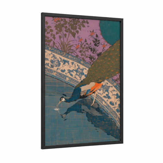 Garden Peacock framed art print — black wood frame — teal and pink palette