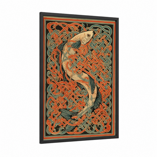 Celtic Zebrafish framed art print — black wood frame — russet and dark green palette