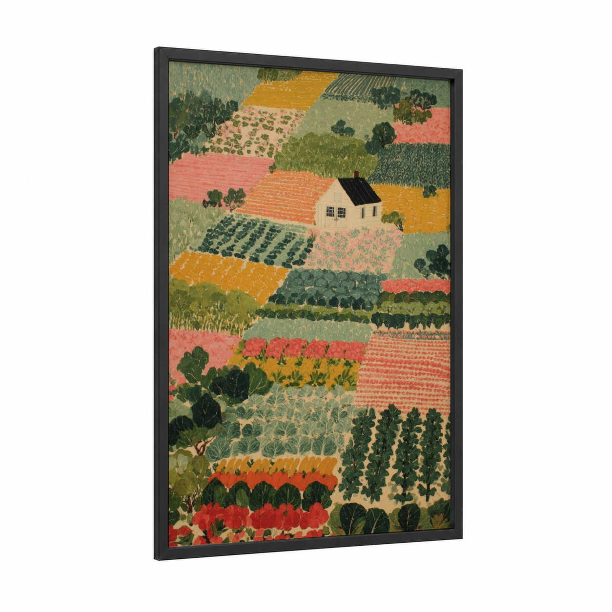 Pastoral Farm Cottage framed art print — black wood frame — sage green palette