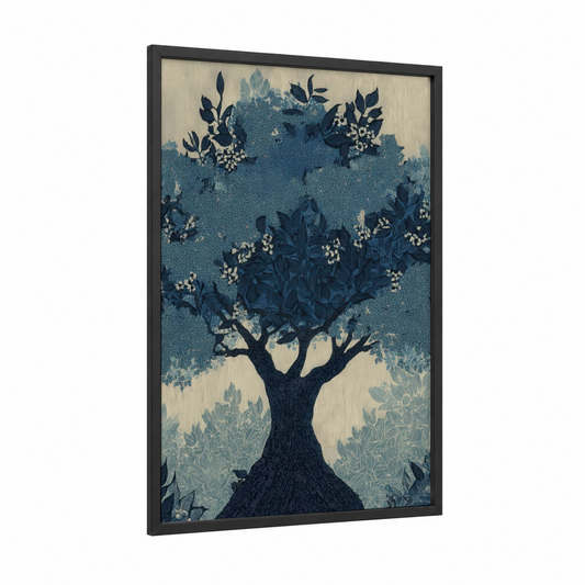 Moonlit Fruit Tree framed fruit trees print — black wood frame — dark blue and cream palette