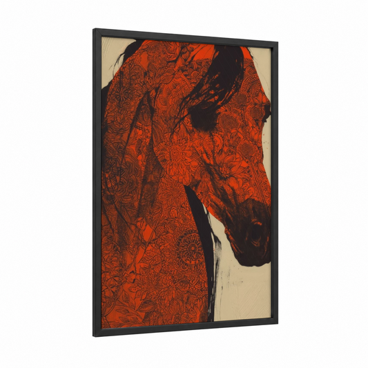 Ornate Arabian Horse framed art print — black wood frame — red and black and white palette