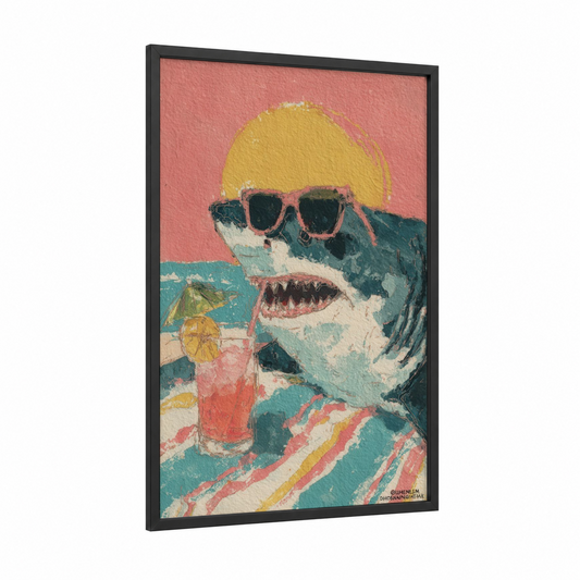 Cool Basking Shark framed art print — black wood frame — salmon pink and yellow gold palette