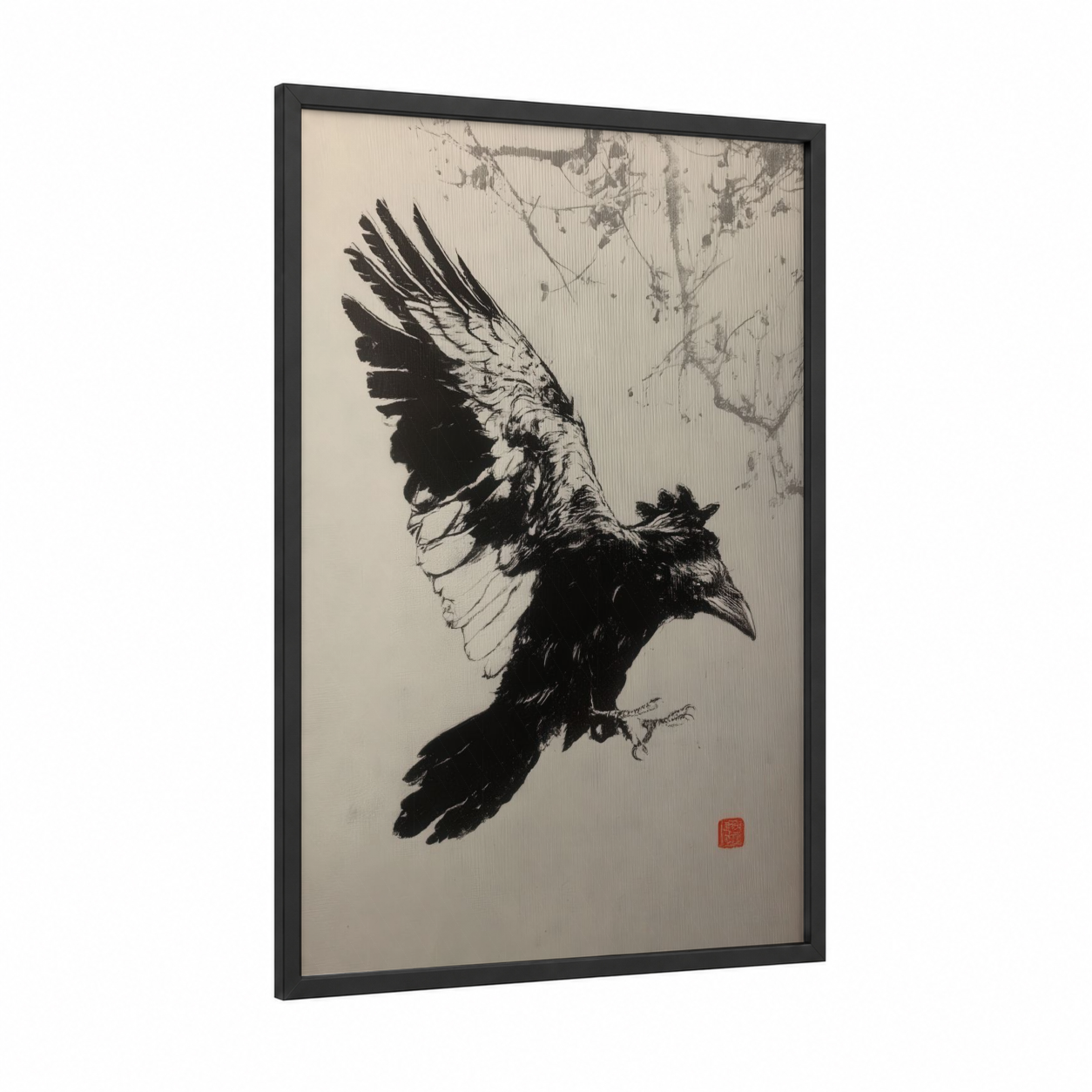 Flight Study Raven framed crows and ravens print — black wood frame — black and white palette