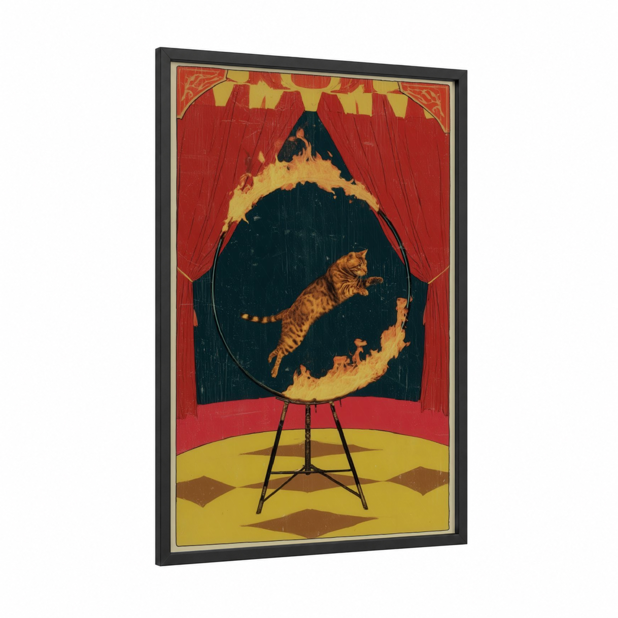 Acrobat Cat framed art print — black wood frame — red and yellow gold palette