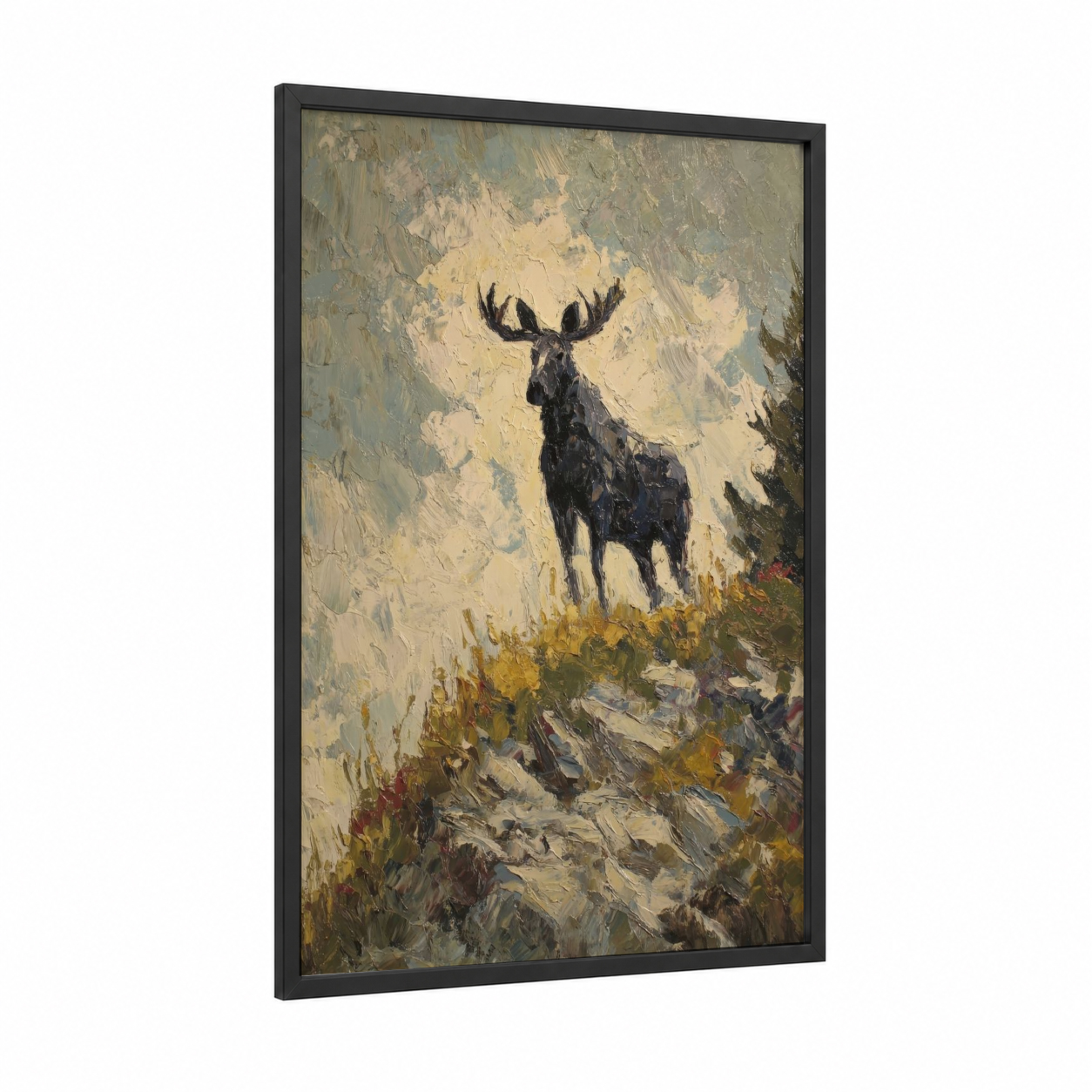 Alpine Moose framed art print — black wood frame — cream and olive palette