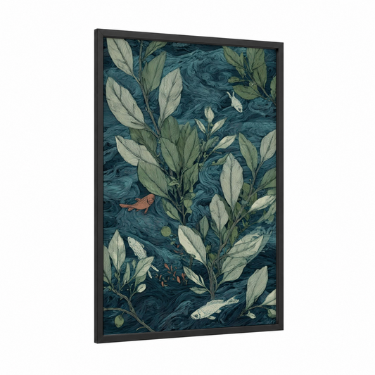 Aquatic Mangrove framed art print — black wood frame — teal and light green palette