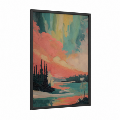 Aurora Landscape framed northern lights print — black wood frame — teal and salmon pink palette