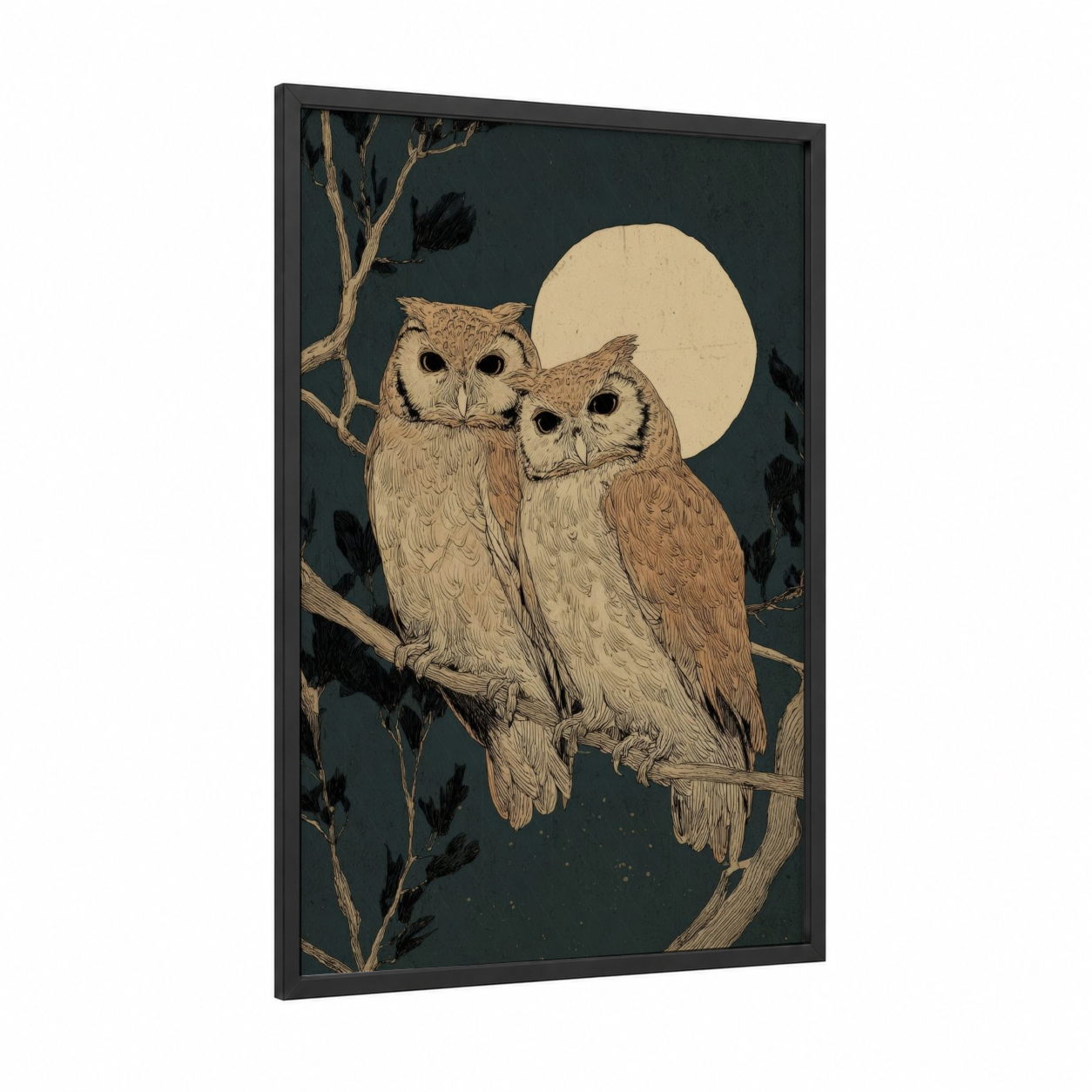 Moonlit Owl Couple framed animals in love print — black wood frame — cream and dove gray palette