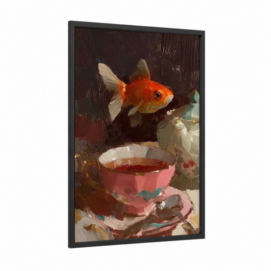 Curious Goldfish framed art print — black wood frame — red and brown palette