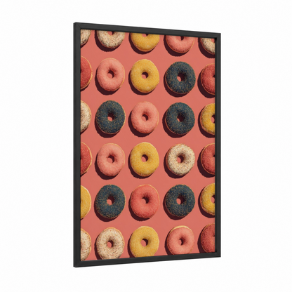 Colorful Donut Pattern framed sweet print — black wood frame — salmon pink and yellow gold palette