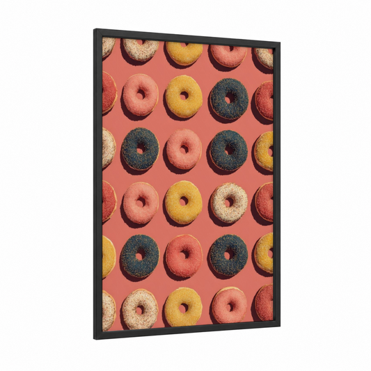 Colorful Donut Pattern framed sweet print — black wood frame — salmon pink and yellow gold palette