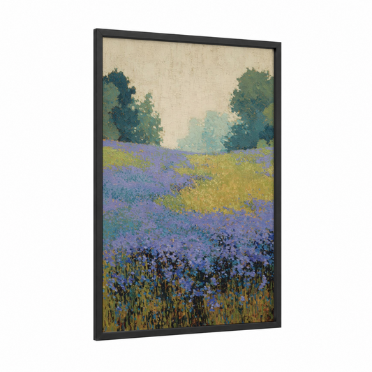 Lavender Meadow framed violets print — black wood frame — lavender and yellow gold palette