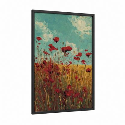 Crimson Poppy Field framed poppies print — black wood frame — red and turquoise palette