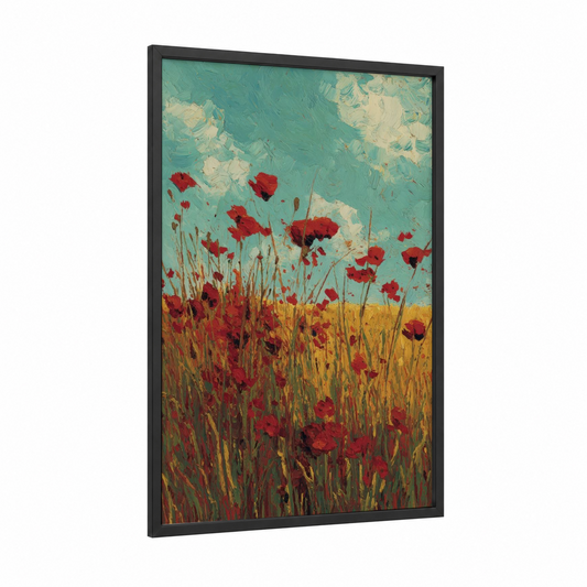 Crimson Poppy Field framed poppies print — black wood frame — red and turquoise palette