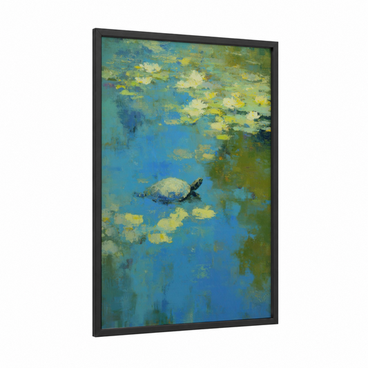 Lily Pad Turtle framed art print — black wood frame — blue and yellow gold palette