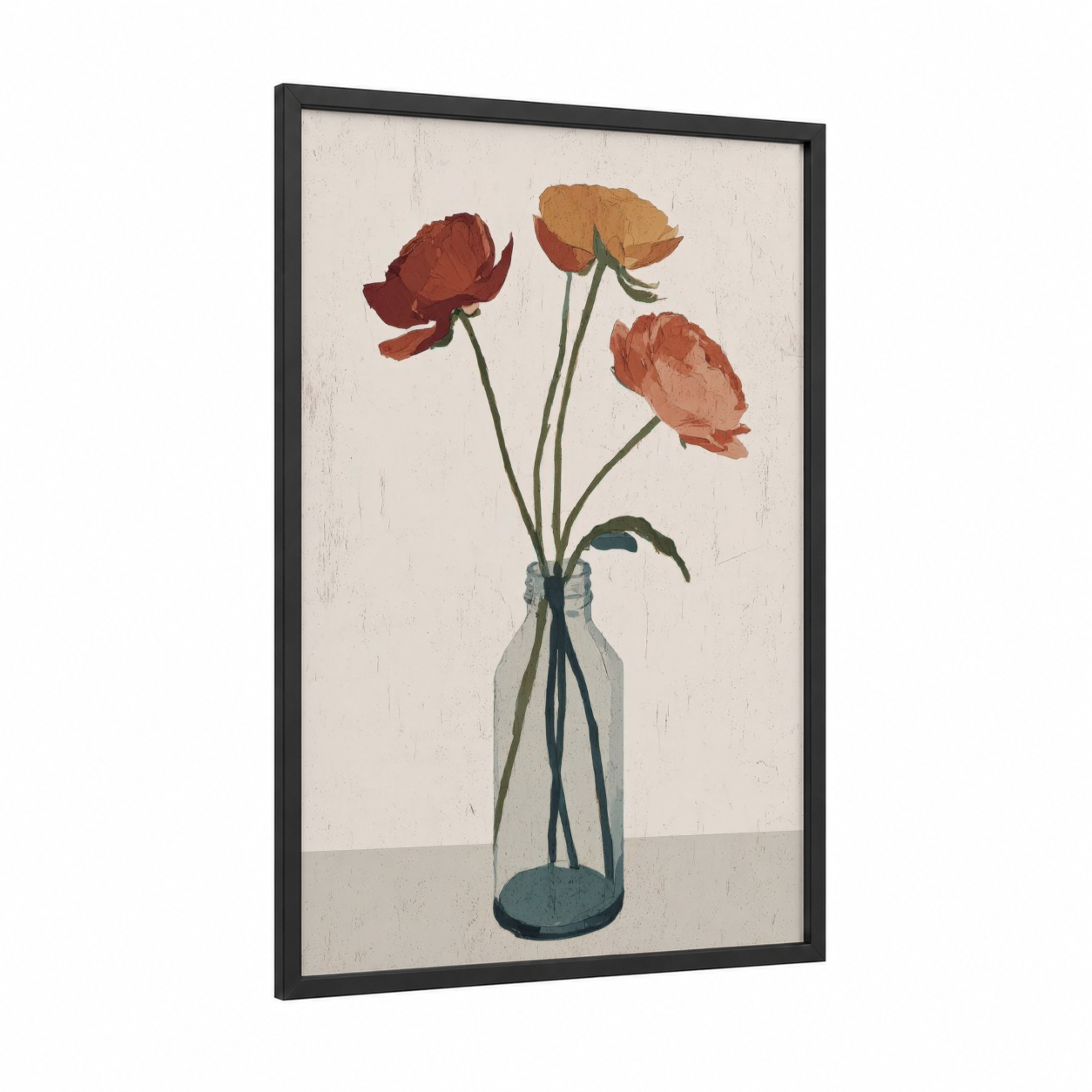Ranunculus Trio Vase framed art print — black wood frame — cream and russet palette