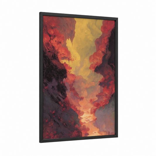 Crimson Canyon Vista framed art print — black wood frame — red and yellow gold palette