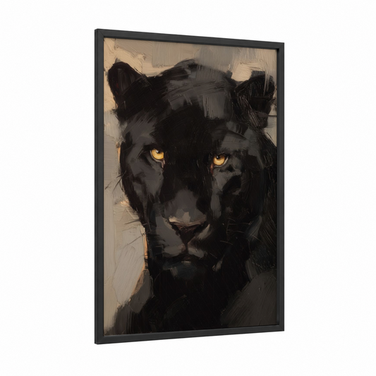 Golden-Eyed Panther framed art print — black wood frame — black and white and gold palette