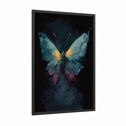 Cosmic Butterfly framed art print — black wood frame — dark blue and gold palette