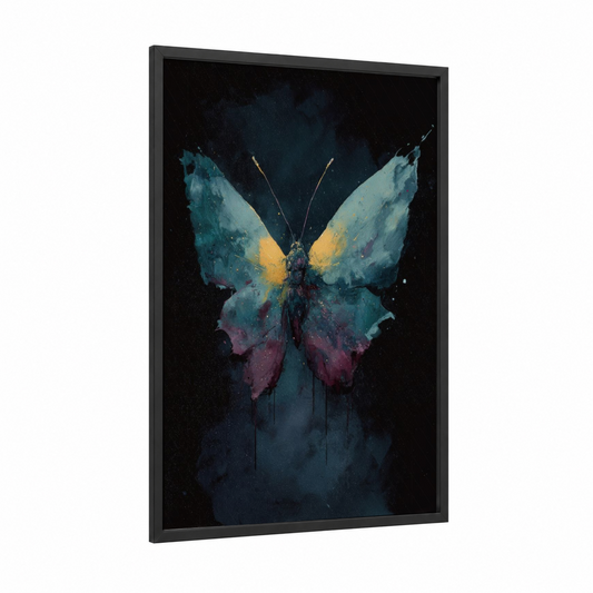 Cosmic Butterfly framed art print — black wood frame — dark blue and gold palette