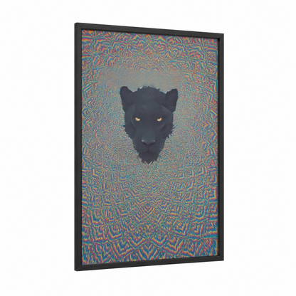 Golden-Eyed Panther framed art print — black wood frame — black and magenta palette