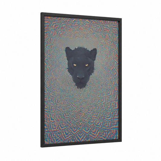 Golden-Eyed Panther framed art print — black wood frame — black and magenta palette