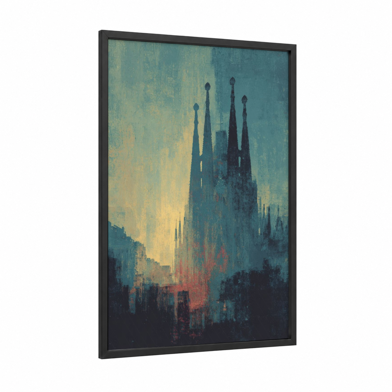 Sagrada Familia Dawn framed art print — black wood frame — teal and gold palette