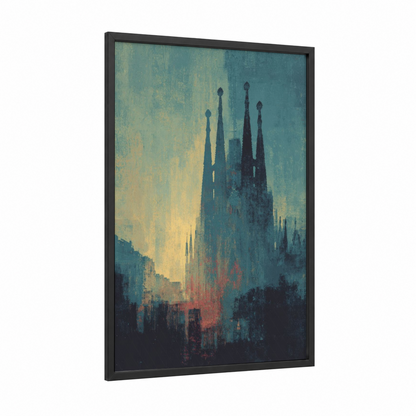 Sagrada Familia Dawn framed art print — black wood frame — teal and gold palette