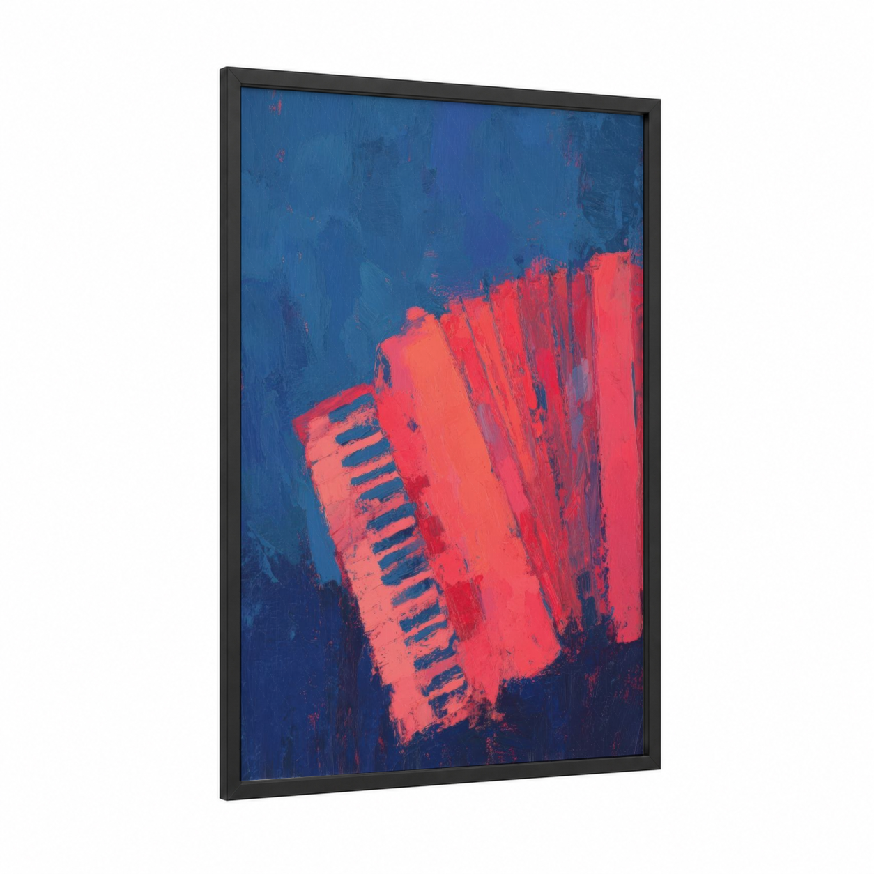 Neon Accordion framed art print — black wood frame — red and blue palette