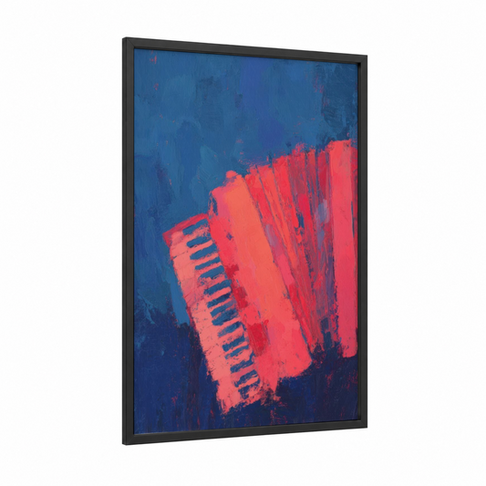 Neon Accordion framed art print — black wood frame — red and blue palette