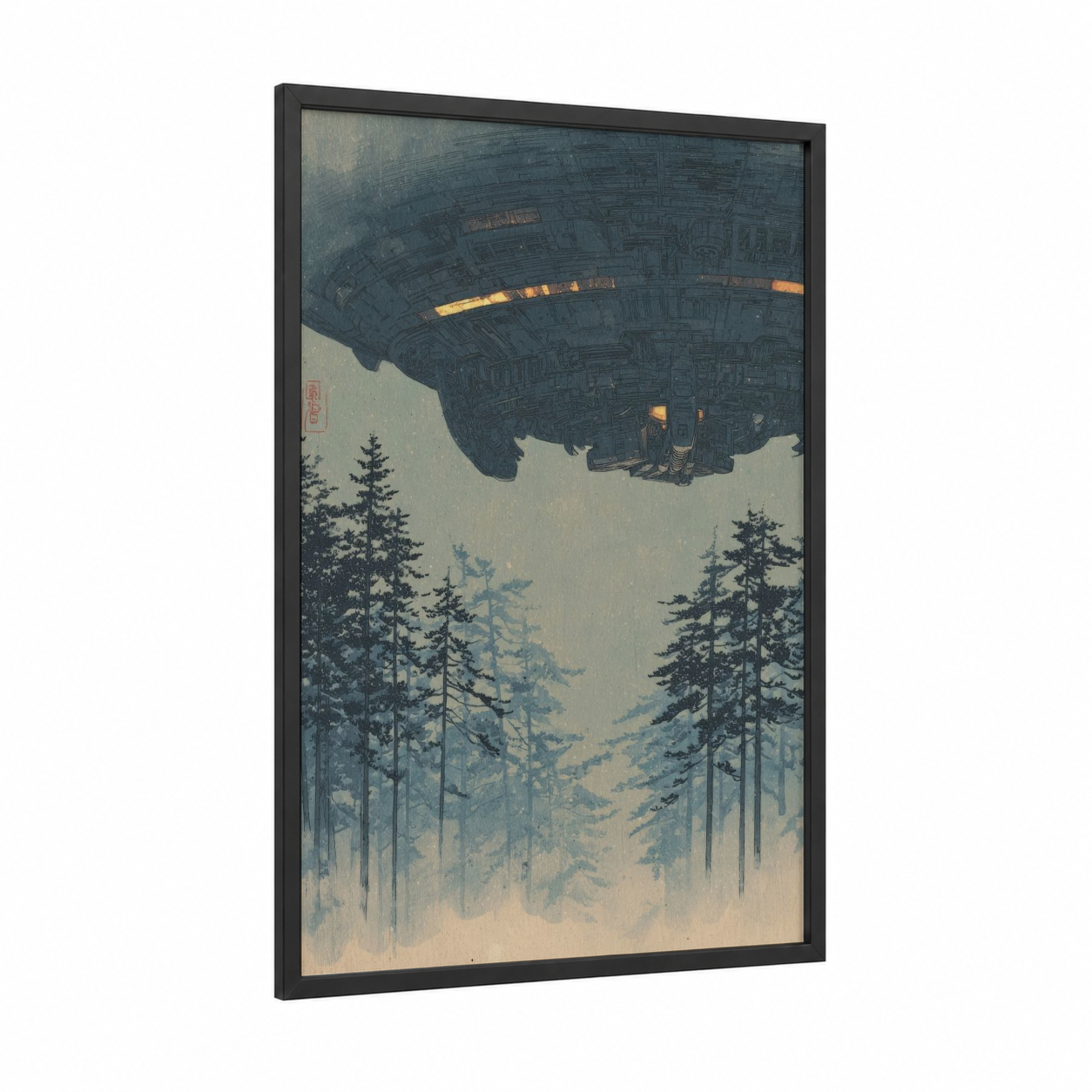 Forest Encounter UFO framed art print — black wood frame — dark blue and gold palette