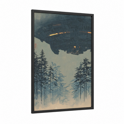 Forest Encounter UFO framed art print — black wood frame — dark blue and gold palette