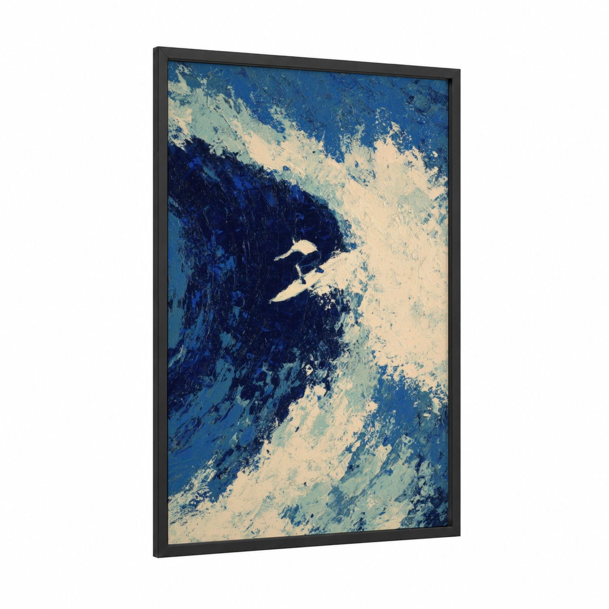 Abstract Surfer framed water surfing print — black wood frame — blue and cream palette