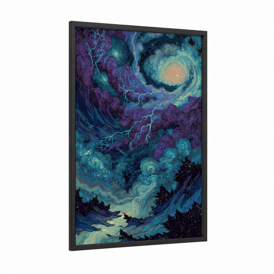 Cosmic Storm Night framed night sky print — black wood frame — purple and teal palette