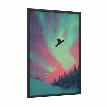 Aurora Snowboarder framed snowboarding print — black wood frame — magenta and turquoise palette
